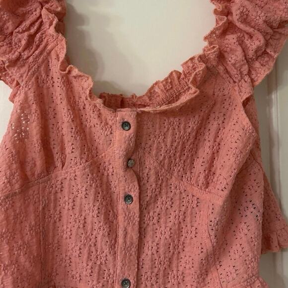 Pol Pink Embroidered Ruffle Cap Sleeve Smocked Cropped Top Large Coquette - Picture 3 of 11